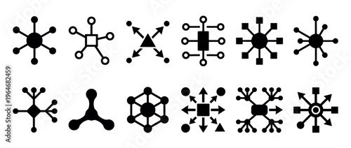 Collection of diverse network connection icons illustrating data flow, distributed systems, and hub-and-spoke models for technology concepts.