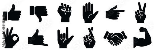 Human hand gestures and symbols collection featuring various common communication signs like thumbs up, peace, OK, pointing, and handshake.