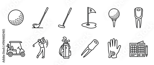 Golf icons, equipment, and accessories depicting various elements of the sport in a clean outline style for design projects.