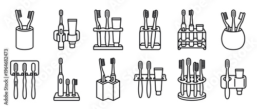 Toothbrushes and holders icons set featuring various designs for oral hygiene, dental care, and bathroom accessories in a clean line art style.