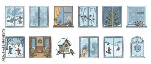 Collection of hand-drawn winter scenes viewed through windows, showcasing cozy indoor moments and outdoor snowy activities during the cold season.