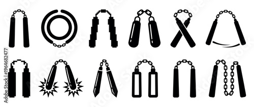 Nunchaku icons set in various styles and poses, representing martial arts weapons and self-defense training tools.