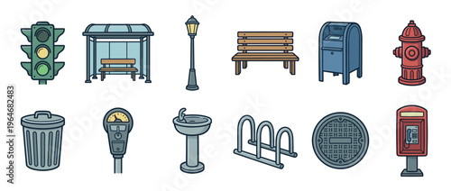 Collection of various street furniture and urban elements, including a traffic light, bus stop, bench, and fire hydrant, in a charming cartoon illustration style.