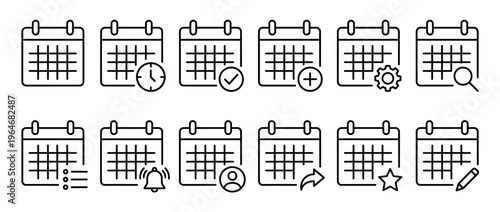 Calendar icons set with various symbols for scheduling, planning, event management, reminders, and appointments in a modern outline style.