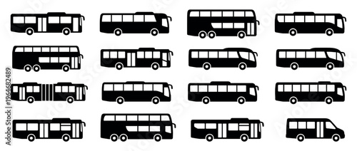Multiple black bus vector icons showcasing various designs of public transport and passenger vehicles for urban and long-distance travel.