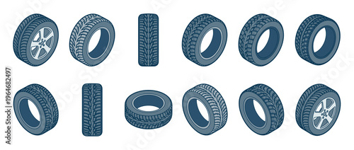 Car tires and vehicle wheels in various isometric views, including studded winter tires and standard automotive rubber.