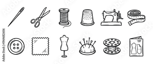 Sewing tools and tailoring supplies collection in a hand-drawn doodle style, featuring various craft and dressmaking equipment.