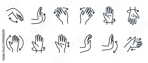 Hand and wrist exercises line art icons demonstrating various movements for physical therapy, stretching, and carpal tunnel syndrome prevention.