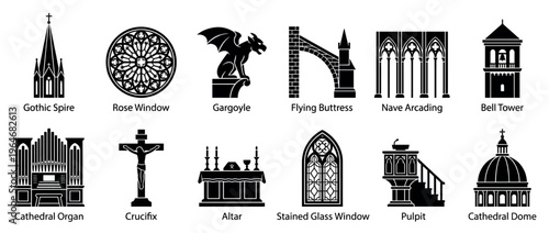 Collection of black silhouette icons depicting various architectural and religious elements found in cathedrals and Gothic churches.