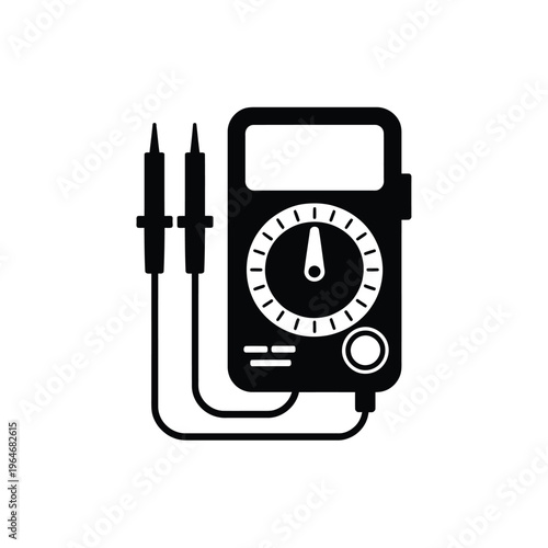 Black and white illustration of a digital multimeter with probes