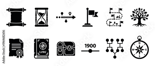 History time journey discovery heritage icons representing past events, exploration, genealogy, and valuable information in a comprehensive collection.