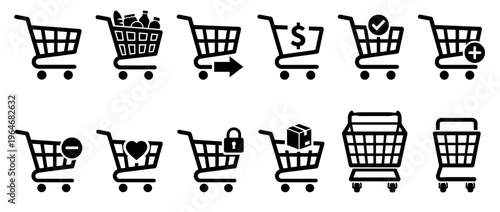 Shopping cart icons set with various symbols for online retail, e-commerce, and digital marketplace applications.