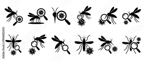 Mosquitoes, viruses, magnifying glass icons illustrating disease transmission, pathogen research, and insect-borne illness prevention concepts.