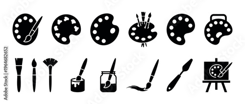 Art supplies and painting tools icon set featuring various palettes, brushes, and an easel for creative projects and artistic endeavors.