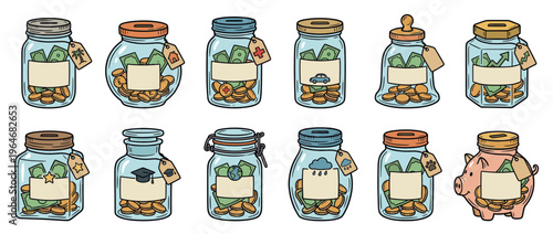 Money jars and a piggy bank filled with coins and banknotes, each labeled with different financial savings goals for future planning.