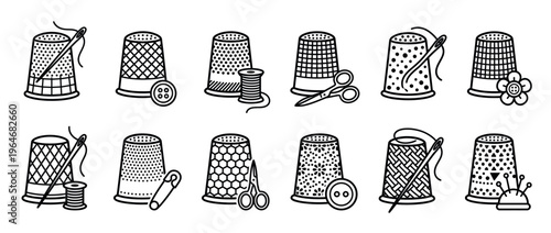 Set of thimbles and essential sewing items like needles, thread, buttons, scissors, and safety pins for textile work and crafting.