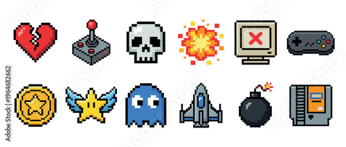 Collection of pixel art game icons featuring retro video game elements like a joystick, controller, broken heart, skull, and bomb.