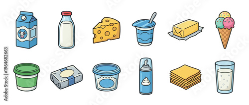 Dairy products collection featuring milk, cheese, butter, and yogurt presented as a colorful cartoon illustration of various food items.
