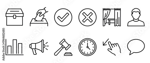 Voting and election icons set featuring ballot box, checkmark, megaphone, and other political symbols for civic engagement.