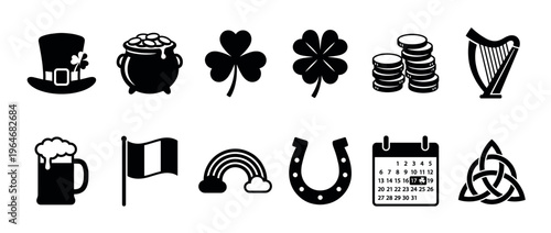 St. Patrick's Day icons collection featuring traditional Irish symbols and festive elements for holiday designs and celebrations.