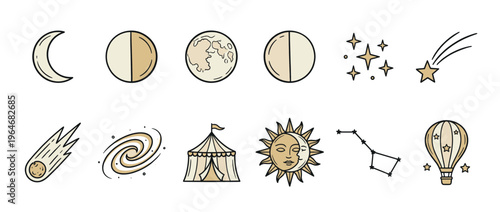 Celestial elements, mystical symbols, and cosmic illustrations featuring moons, stars, sun, and other whimsical space objects.