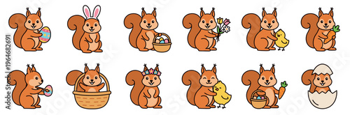 Cute cartoon squirrels celebrating Easter with eggs, chicks, flowers, and carrots, depicted in a charming collection of festive illustrations.