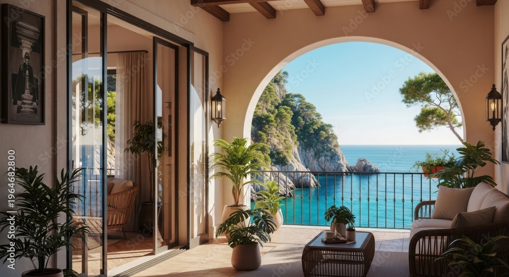 Fototapeta premium Mediterranean villa patio with ocean view and wicker furniture