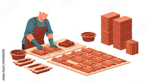 Crafting Tiles: A craftsman meticulously shapes and arranges roof tiles, highlighting the skill and precision of traditional craftsmanship.