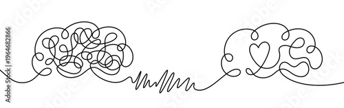 Chaos to harmony brain illustration with tangled thoughts transforming into heart centered calm mind, emotional balance concept, mental health healing, stress relief and self awareness