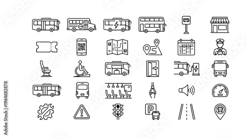 Modern Line Art Vector Icons for Bus Stations, Routes, and City Transit