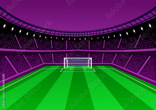 Football stadium with green pitch and purple stands, empty soccer arena with goal post