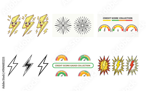 Cartoon credit score gauge collection with lightning bolts and sunbursts