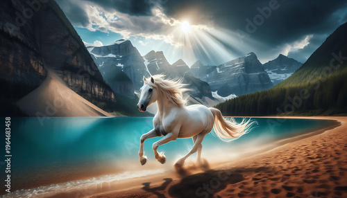 white horse with long mane run in beach dust