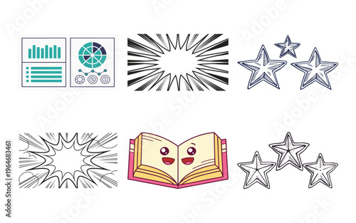 Cartoon book with smiling face and various starburst smiling book explosion