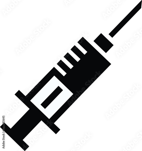 A minimalist black and white illustration depicts a medical syringe showcasing its barrel plunger and needle for injection purposes high quality professional detailed