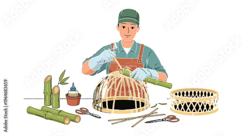 Crafting with Bamboo: A skilled artisan meticulously crafts a bamboo hat using traditional techniques, embodying the essence of craftsmanship and cultural heritage.