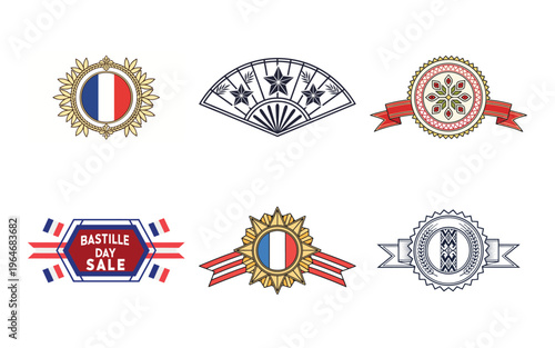 French themed badges and labels with tricolor and bastille day sale french flag