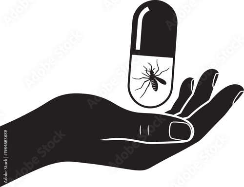 Hand holding capsule with mosquito inside symbolizing medical treatment vector illustration.