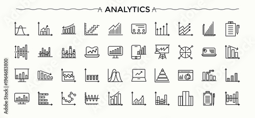 Analytics icon set. Data Analytics minimalist icons pack. Outline icons in linear style. Research icon set. Editable vector.