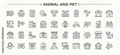 Animal And Pet icon set. UI icons set in a thin style. Editable vector. Pixel perfect. Pet line icon set. Includes thin line symbols puppy, cat, kitten, vet, animal, animal care and more.