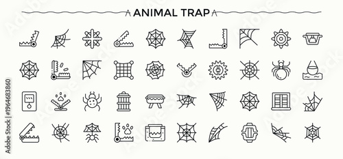 Animal Trap modern icon set. Minimalist editable vector stroke. Contains outline symbols like catch, wildlife, animal, trap, bait. Vector artwork and illustration. Catch icon set.