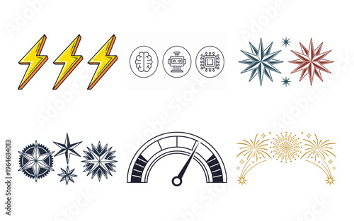 Colorful of lightning bolts stars and speedometer yellow