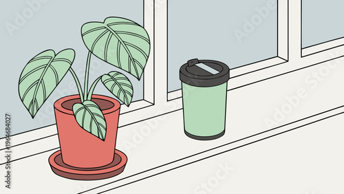 A potted plant and trash can on a windowsill beside a window frame.