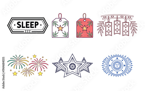 Colorful tags stars and symbols for batch 39 sleep fireworks