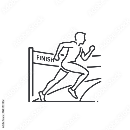 Runner crossing finish line, athletic achievement icon, sport success symbol, vector illustration