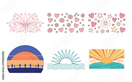 Colorful of sunsets hearts and fireworks vibrant sunrise