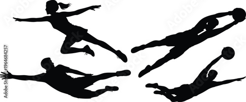 Basketball player silhouettes jumping dunking shooting and diving action poses isolated on white background