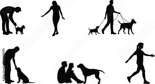 Dog, owner, silhouettes, walking, training, pet, companionship, outdoor, lifestyle, animal, care, interaction, people, canine, bonding