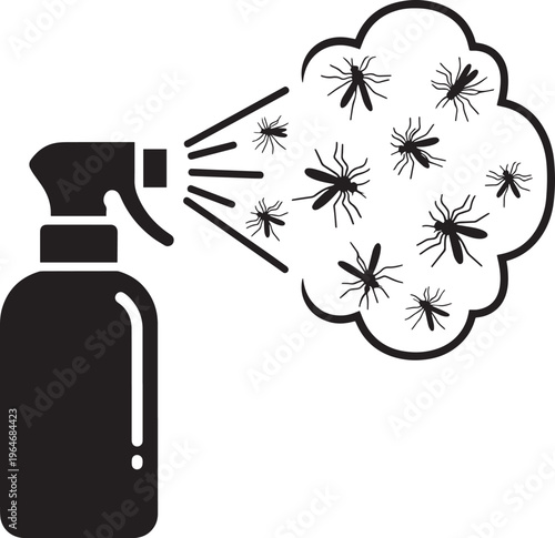 Bug spray bottle dispersing insect repellent mist over swarm of mosquitoes vector illustration representing pest control and chemical insect protection.