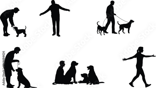 Dog, silhouette, walking, training, pet, owner, outdoor, road, sunset, lifestyle, canine, companionship, activity, people, bonding